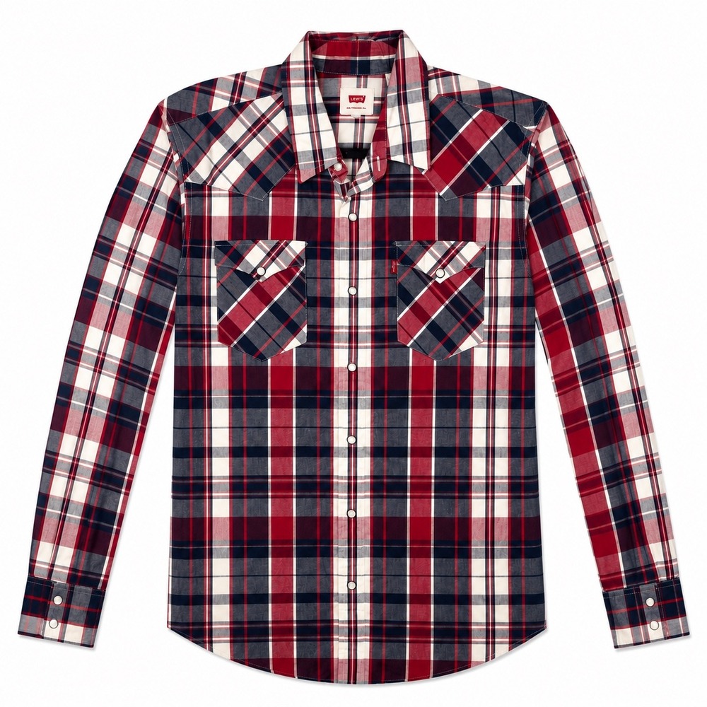 Levi's Plaid Pearl Snap Western Shirt Red Blue Long Sleeve Large